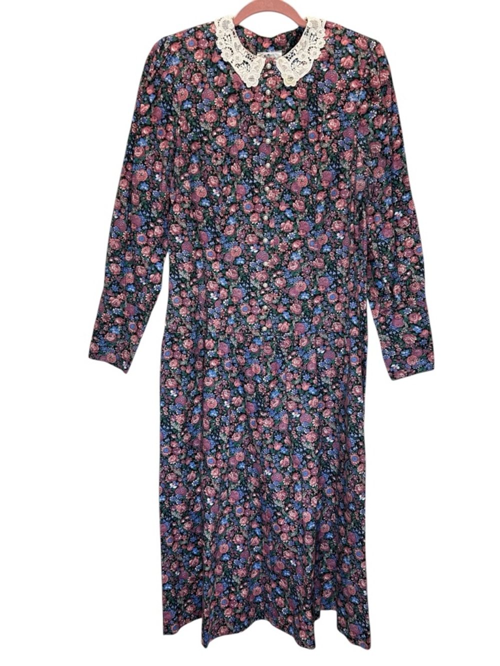 VTG Lanz Dark Floral Prairie Cotton Midi Dress w/ Lace Collar, Pockets - Size 14